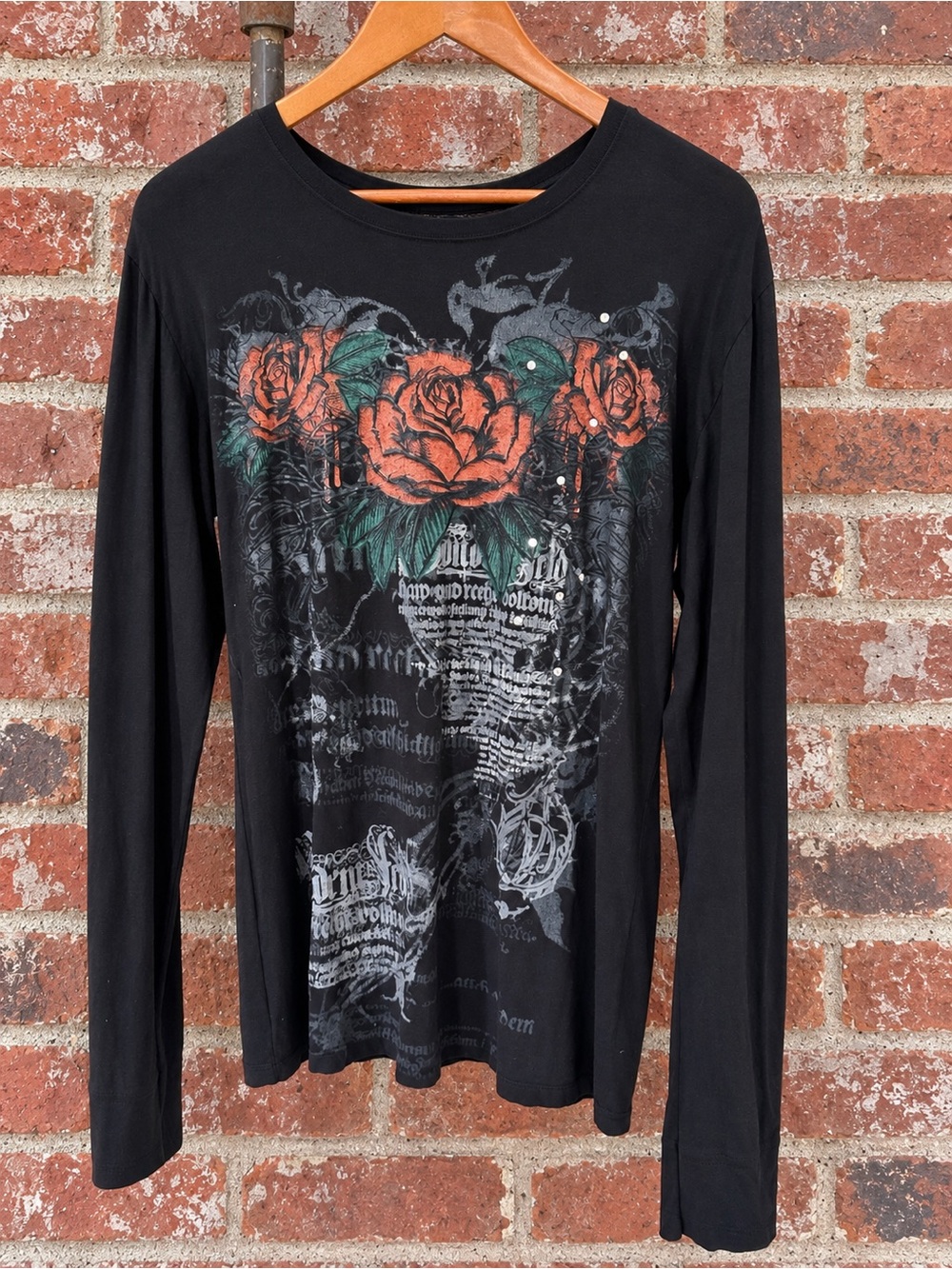 Stranded XL Black Rose Studded Graphic Long Sleeve Tee 100% Cotton